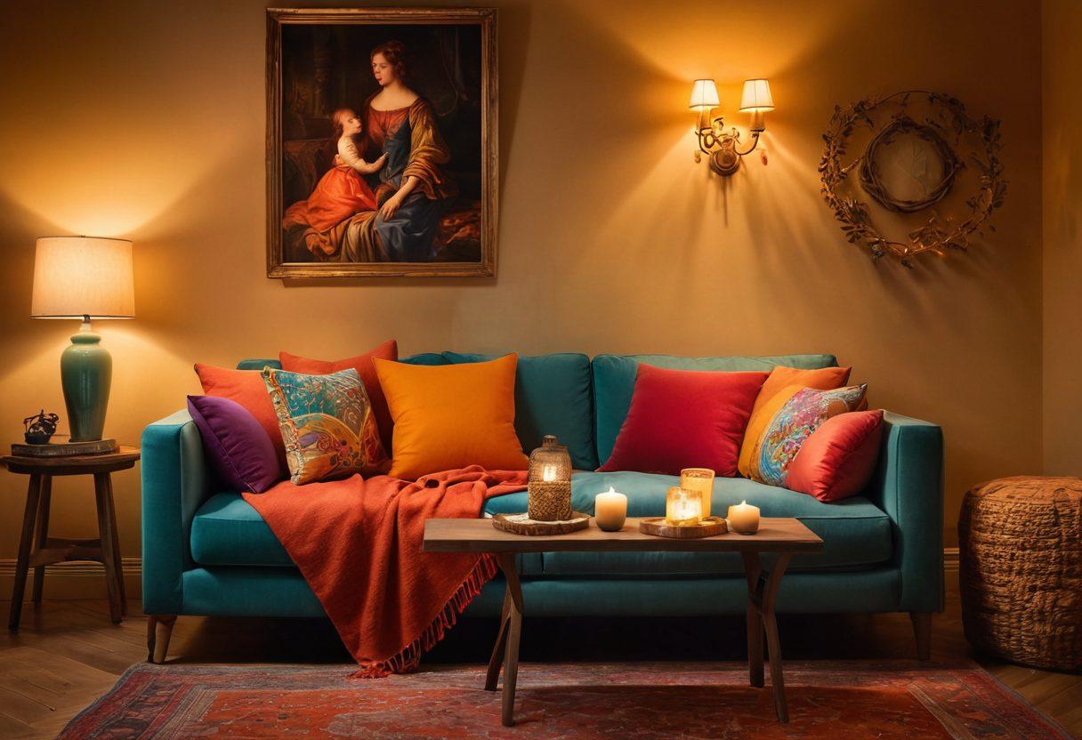 An inviting, dimly lit room adorned with soft, colorful cushions and textured fabrics, featuring elegant candlelight casting playful shadows. A couple playfully engages in a lighthearted, intimate setting, surrounded by whimsical props that symbolize exploration and joy. The atmosphere exudes a sense of warmth, creativity, and connection, inviting viewers to embrace their desires. vibrant colors. cozy ambiance. artistic painting.