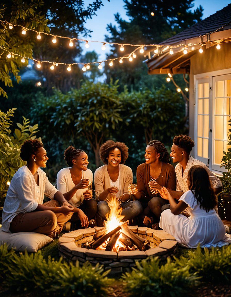A cozy evening scene featuring a diverse group of African American friends laughing and enjoying each other's company around a warm fire, surrounded by lush foliage and twinkling fairy lights. Soft shadows create an intimate atmosphere, highlighting joy and kinship, with subtle hints of traditional African decor. Dreamy bokeh effect in the background, emphasizing warmth and connection. warm colors, soft focus, cozy ambiance.